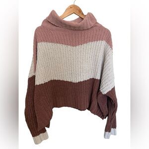 POL Sz M Colorblock Turtleneck Cowl Neck Soft Boho Cozy Chunky Knit Sweater